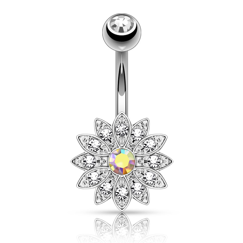 Cherry Diva belly bar 14 Gauge Aurora Flower Crystal Belly Button Ring - Silver