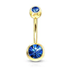 14 Gauge Gold Double Crystal Belly Button Bar Blue