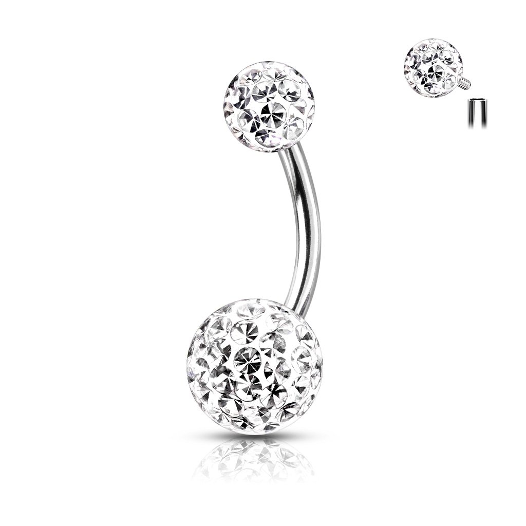 Cherry Diva belly bar CLEAR 14 Gauge Internally Threaded Glitterball Belly Button Bar