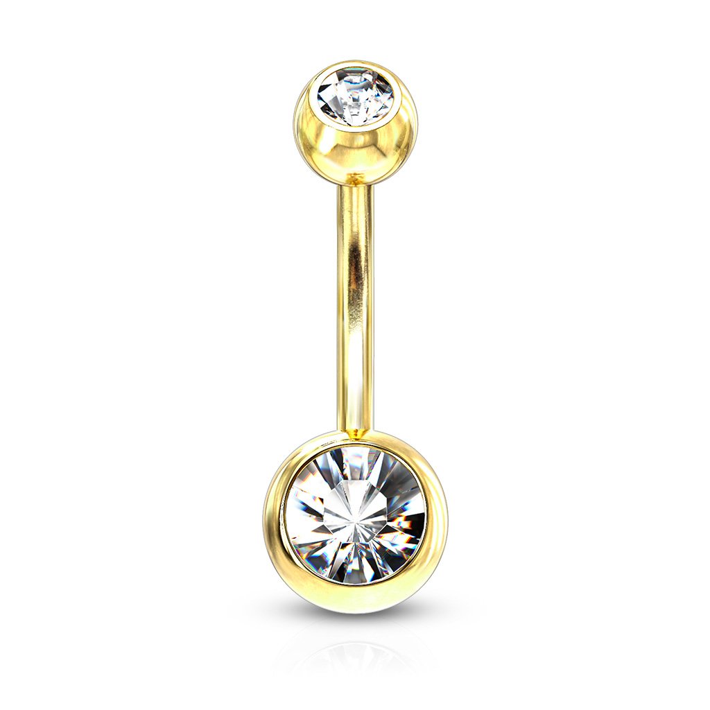 14 Gauge Gold Double Crystal Belly Button Bar Clear