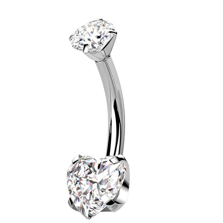 Cherry Diva belly bar Clear Crystal 14 Gauge Titanium Double Crystal Heart Belly Button Bar