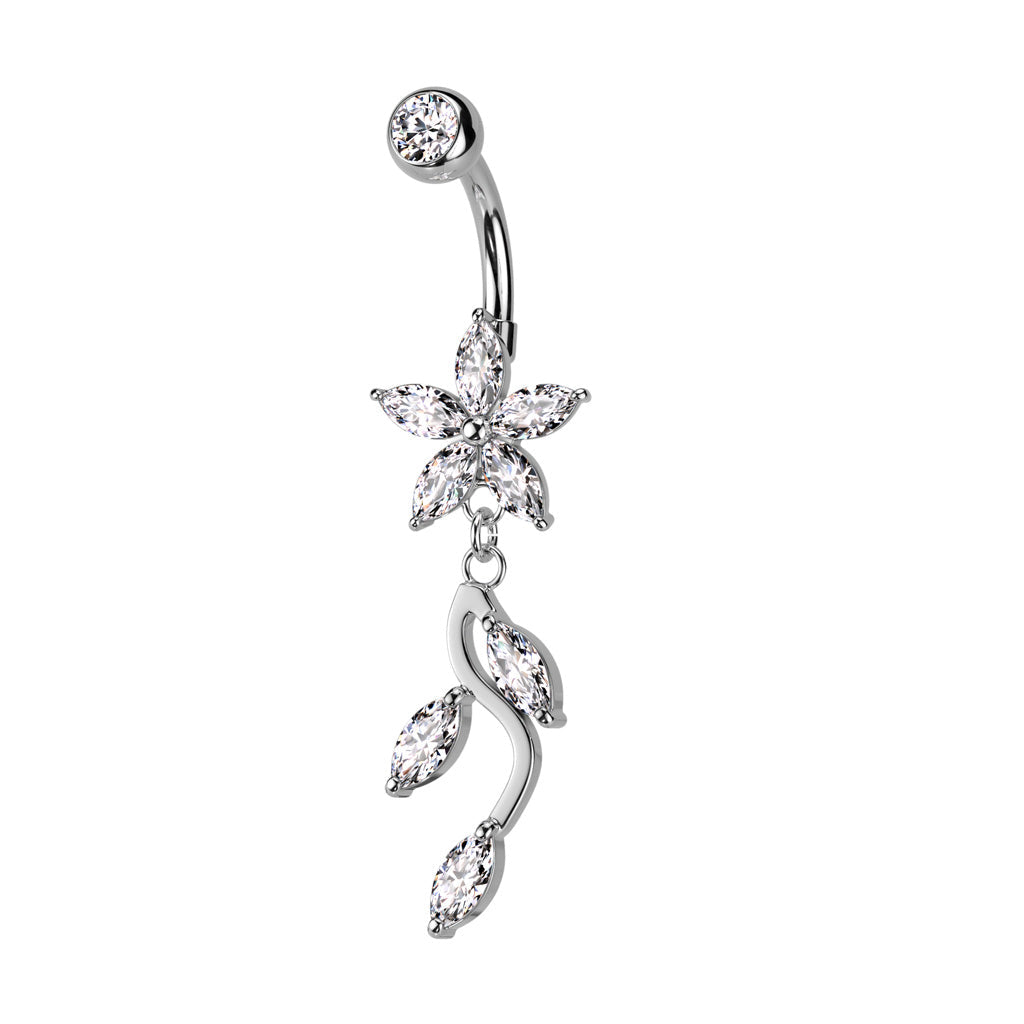 Cherry Diva belly bar 14 Gauge Dangling Crystal Flowers Belly Button Bar - Silver