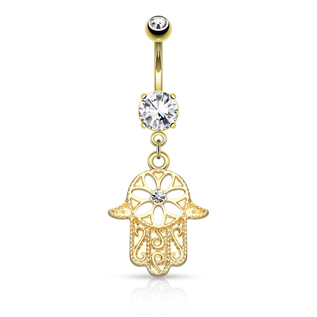 Cherry Diva belly bar 14 Gauge Dangling Gold Hamsa Hand Belly Bar