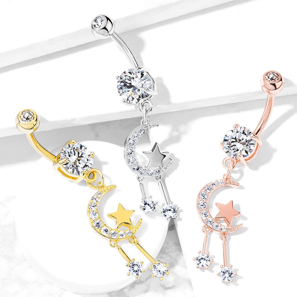Cherry Diva Belly Button Ring 14 Gauge Dangling Moon & Stars Belly Bar