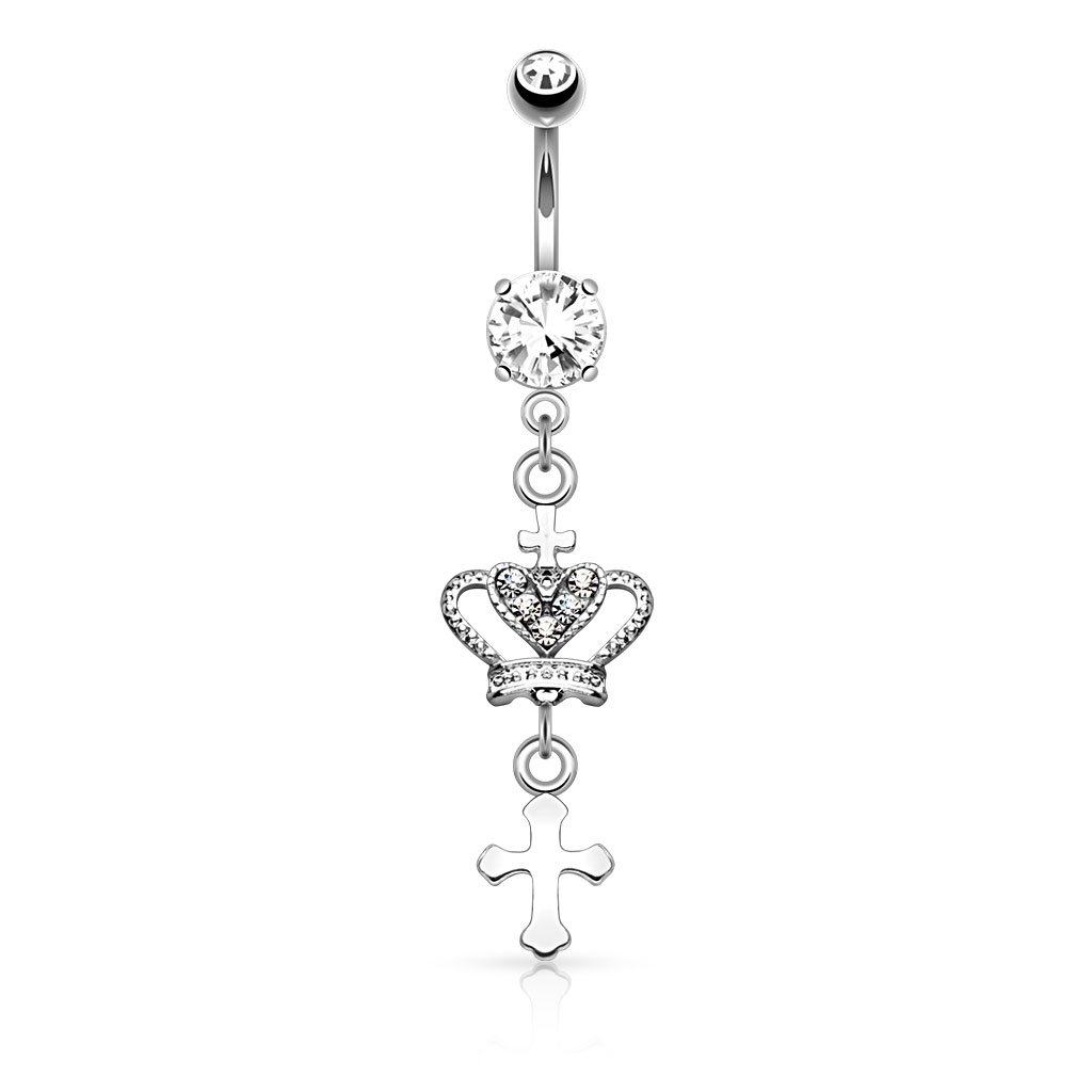 14 Gauge Dangling Silver Crown & Cross Belly Button Bar
