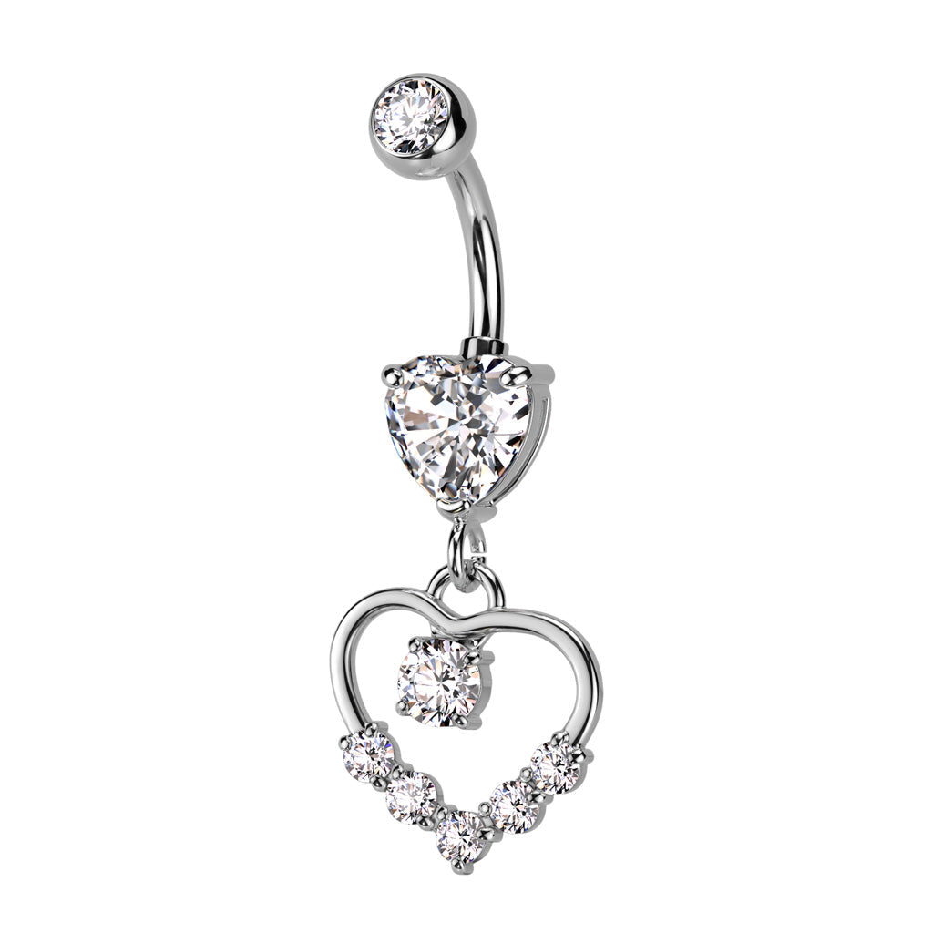 Cherry Diva belly bar 14 Gauge Dangling Silver Crystal Heart Belly Button Bar
