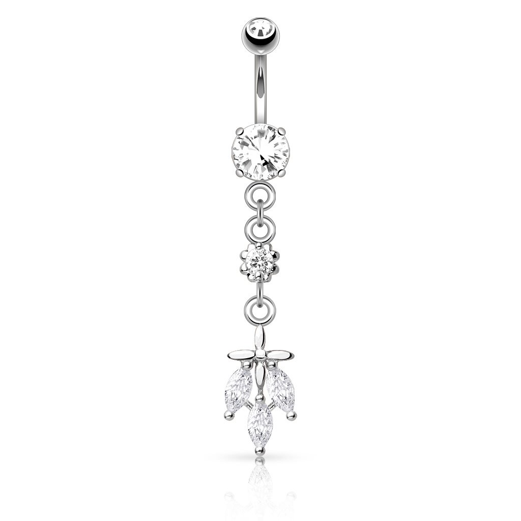 Cherry Diva belly bar 14 Gauge Dangling Silver Crystal Trio Belly Button Bar