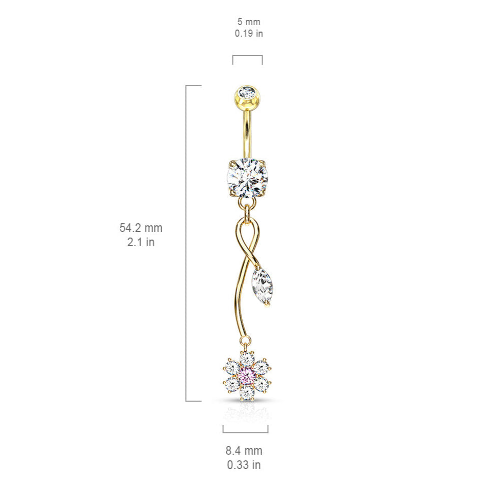 Cherry Diva belly bar 14 Gauge Silver Dangling Flowers Belly Button Bar