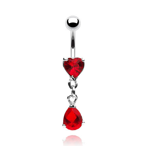 Dangling Silver Heart & Tear Drop Belly Button Ring Red Cherry Diva