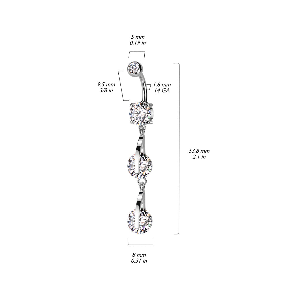 Cherry Diva belly bar 14 Gauge Double Dangling Crystal Belly Bar - Silver