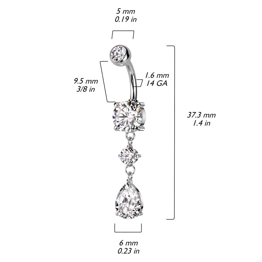 Cherry Diva belly bar 14 Gauge Double Dangling Crystal Teardrop Belly Bar - Silver