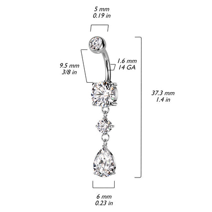 Cherry Diva belly bar 14 Gauge Double Dangling Crystal Teardrop Belly Bar - Silver
