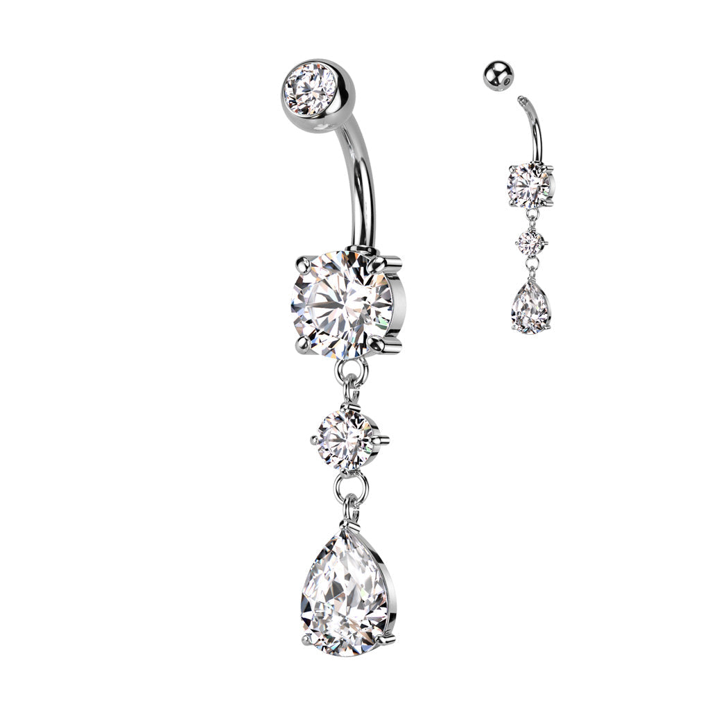 Cherry Diva belly bar 14 Gauge Double Dangling Crystal Teardrop Belly Bar - Silver