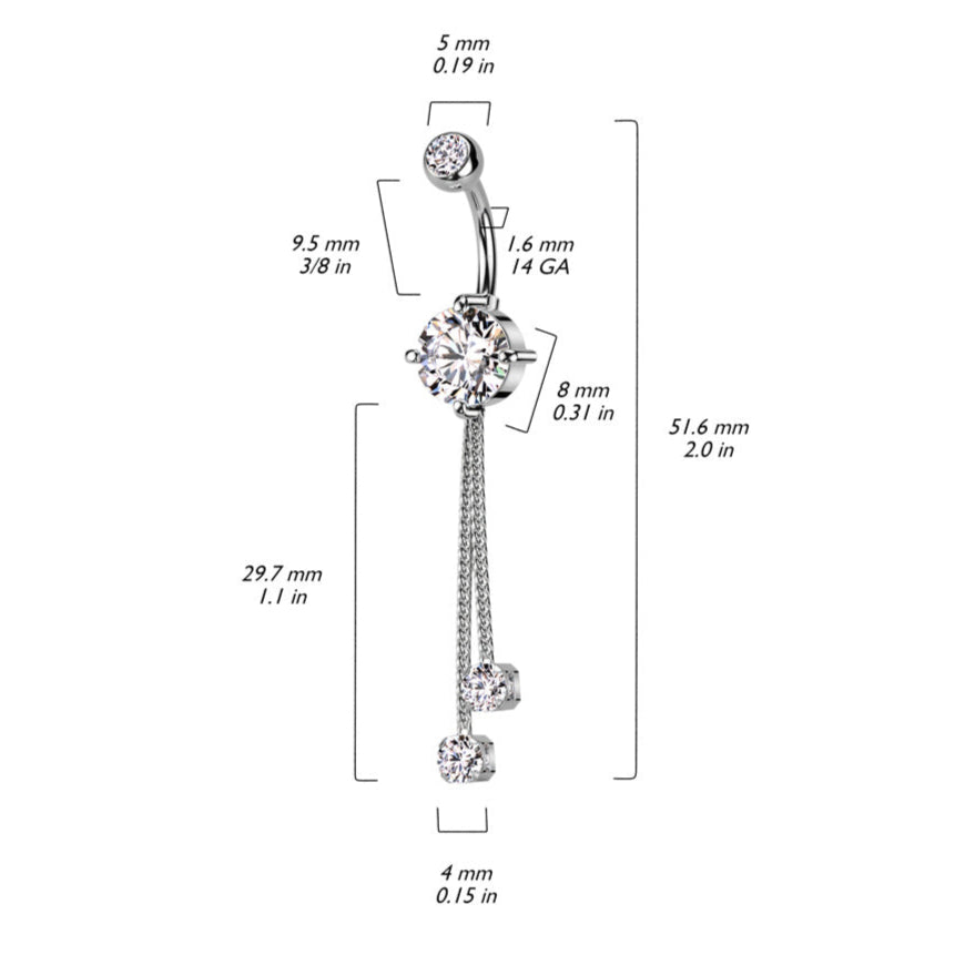 Cherry Diva belly bar 14 Gauge Double Dangling Crystal Rope Belly Bar - Silver