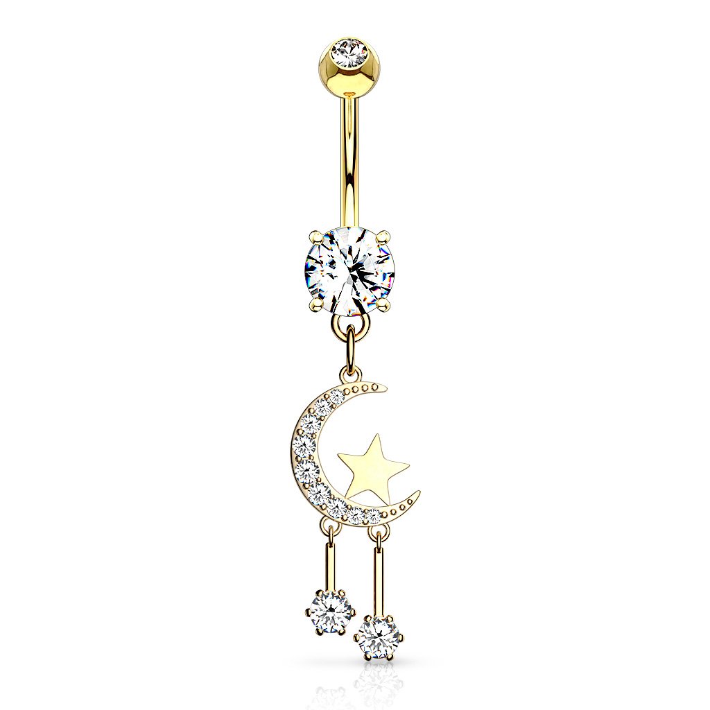 Cherry Diva Belly Button Ring Gold 14 Gauge Dangling Moon & Stars Belly Bar