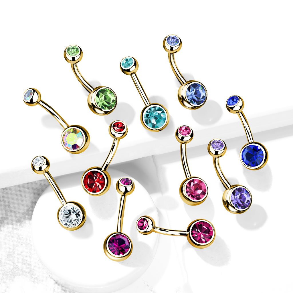 Cherry Diva belly bar 14 Gauge Gold Double Crystal Belly Button Bar