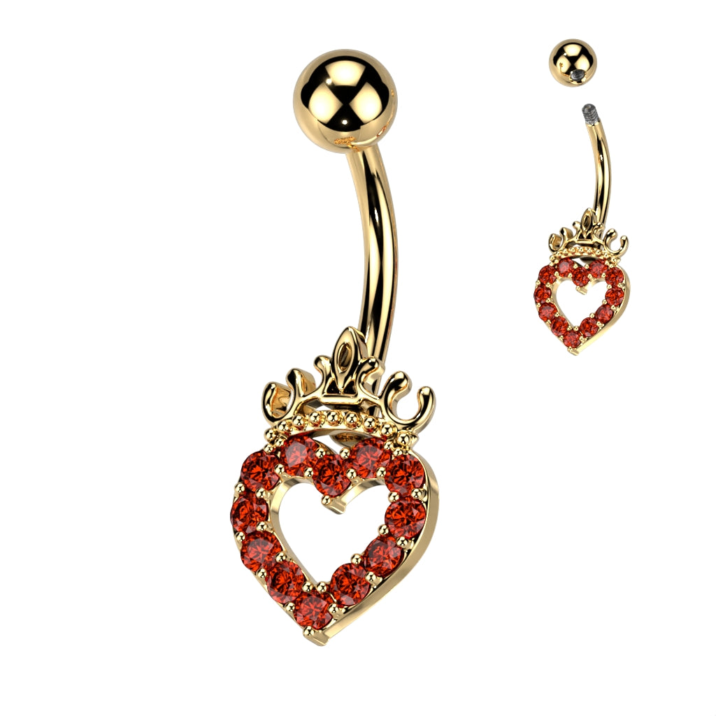 Cherry Diva belly bar Gold / Red Crystal 14 Gauge Hollow Crystal Heart Belly Button Bar