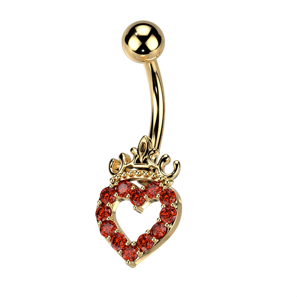 Cherry Diva belly bar Gold / Red Crystal 14 Gauge Hollow Crystal Heart Belly Button Bar
