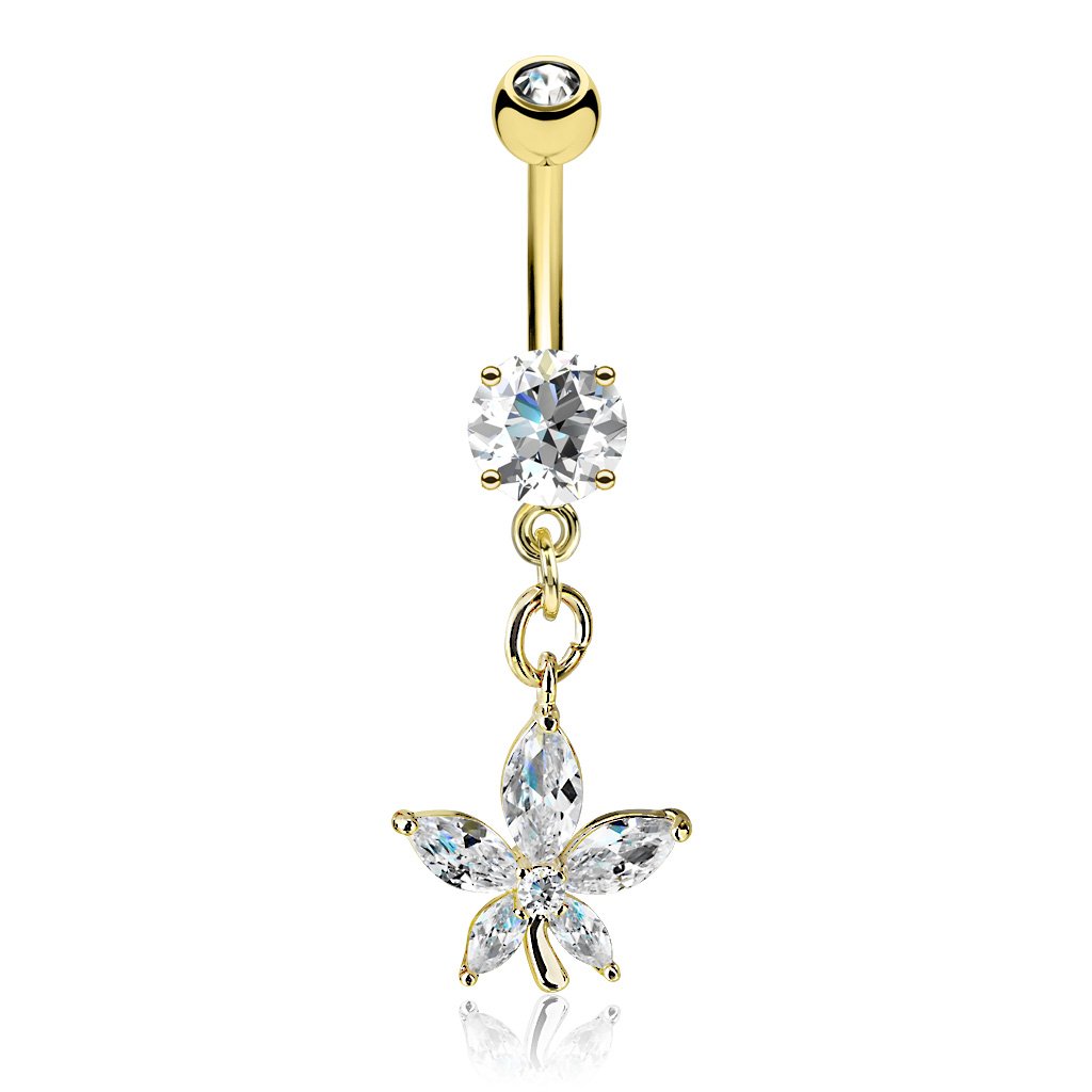 Cherry Diva belly bar Gold 14 Gauge Dangling Five Petal Flower Belly Button Bar