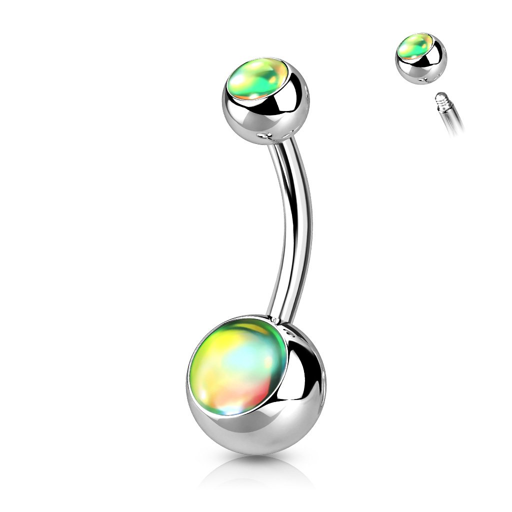 Cherry Diva belly bar SILVER / GREEN OPAL 14 Gauge Surgical Steel Double Opal Belly Bar