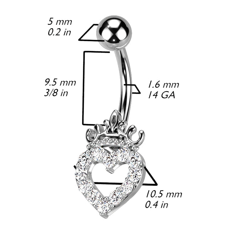 Cherry Diva belly bar 14 Gauge Hollow Crystal Heart Belly Button Bar