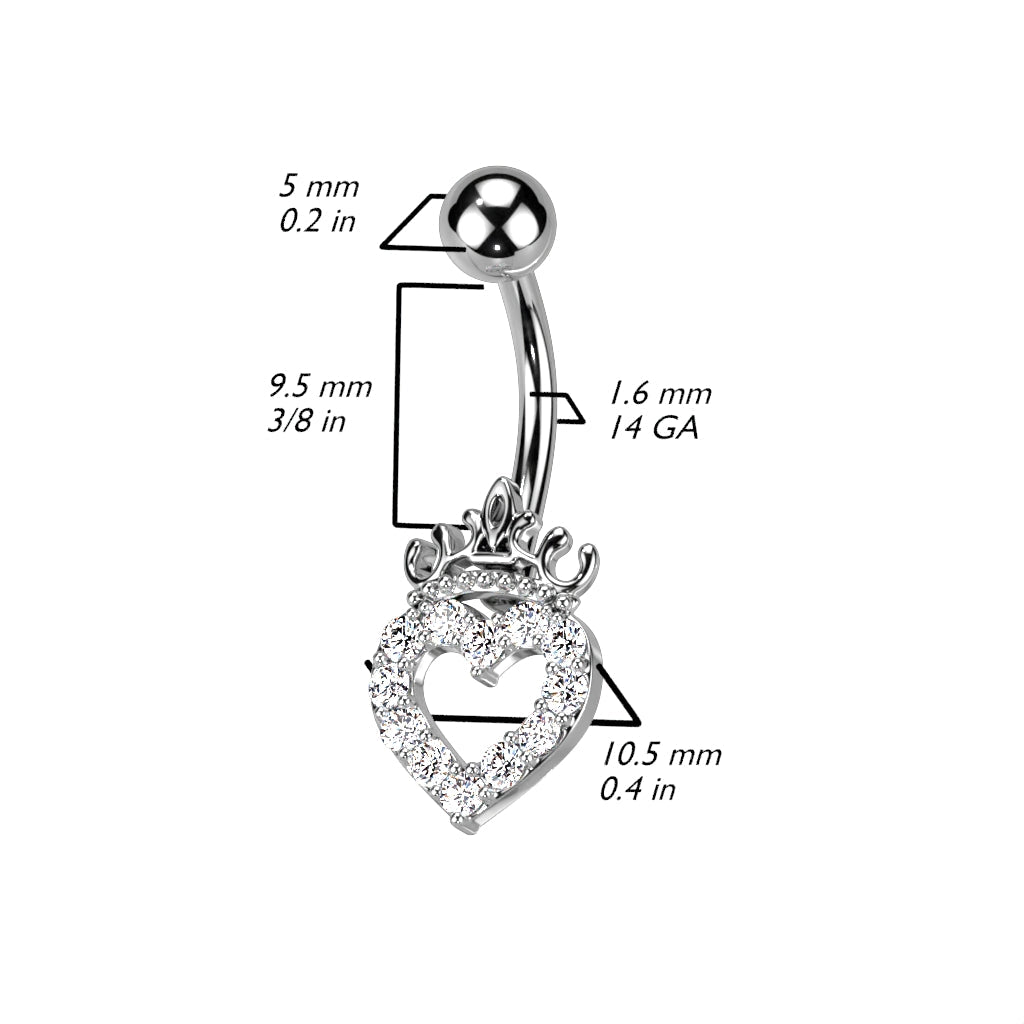 14 Gauge Hollow Crystal Heart Belly Button Bar Size Guide