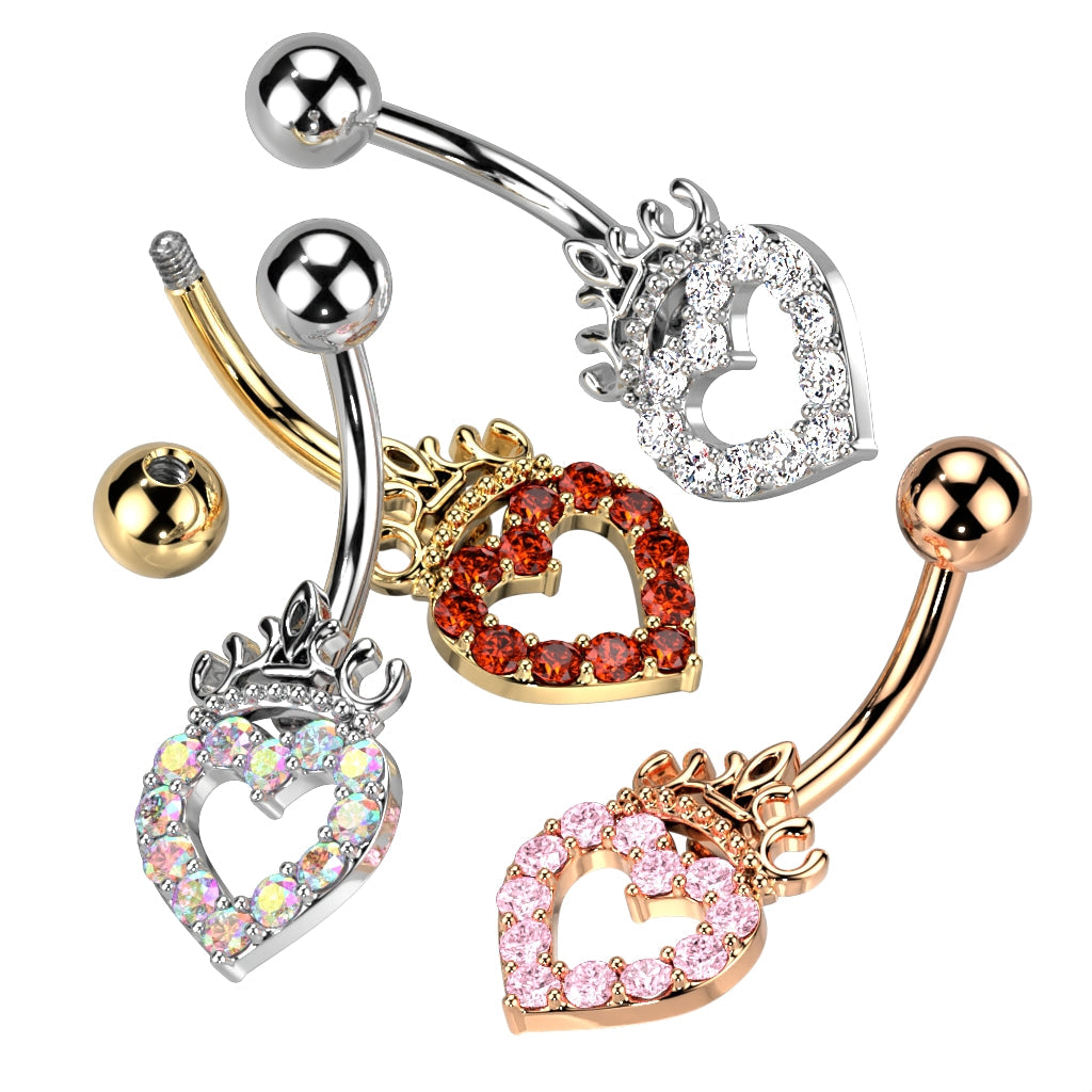 Cherry Diva belly bar 14 Gauge Hollow Crystal Heart Belly Button Bar