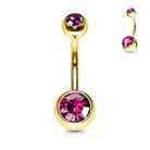 14 Gauge Gold Double Crystal Belly Button Bar Pink