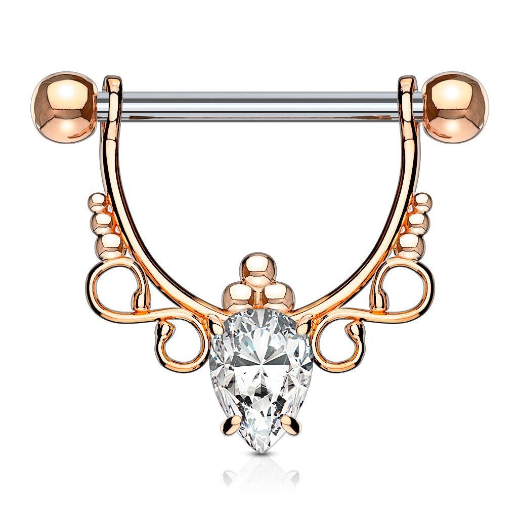 Cherry Diva Nipple Ring Rose Gold 14 Gauge Ornate Crystal Barbell Nipple Ring