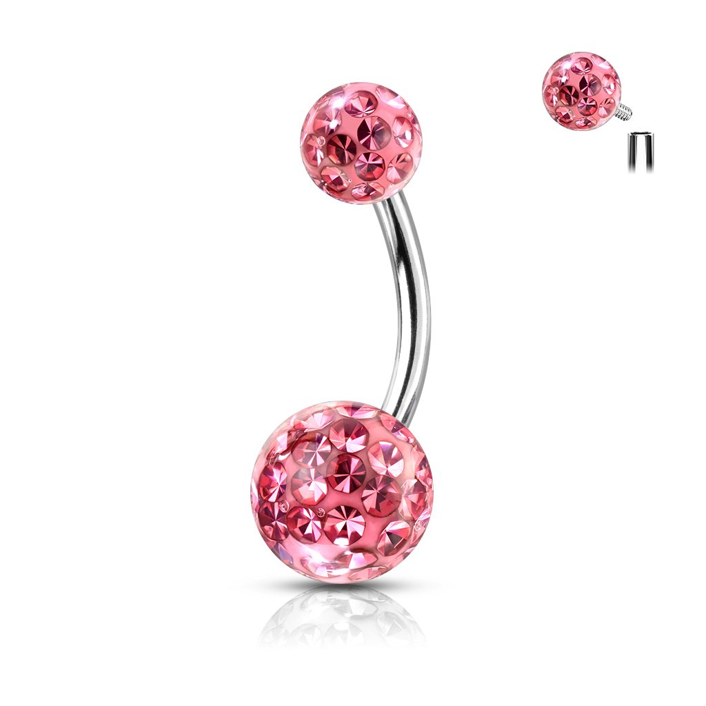 Cherry Diva belly bar PINK 14 Gauge Internally Threaded Glitterball Belly Button Bar