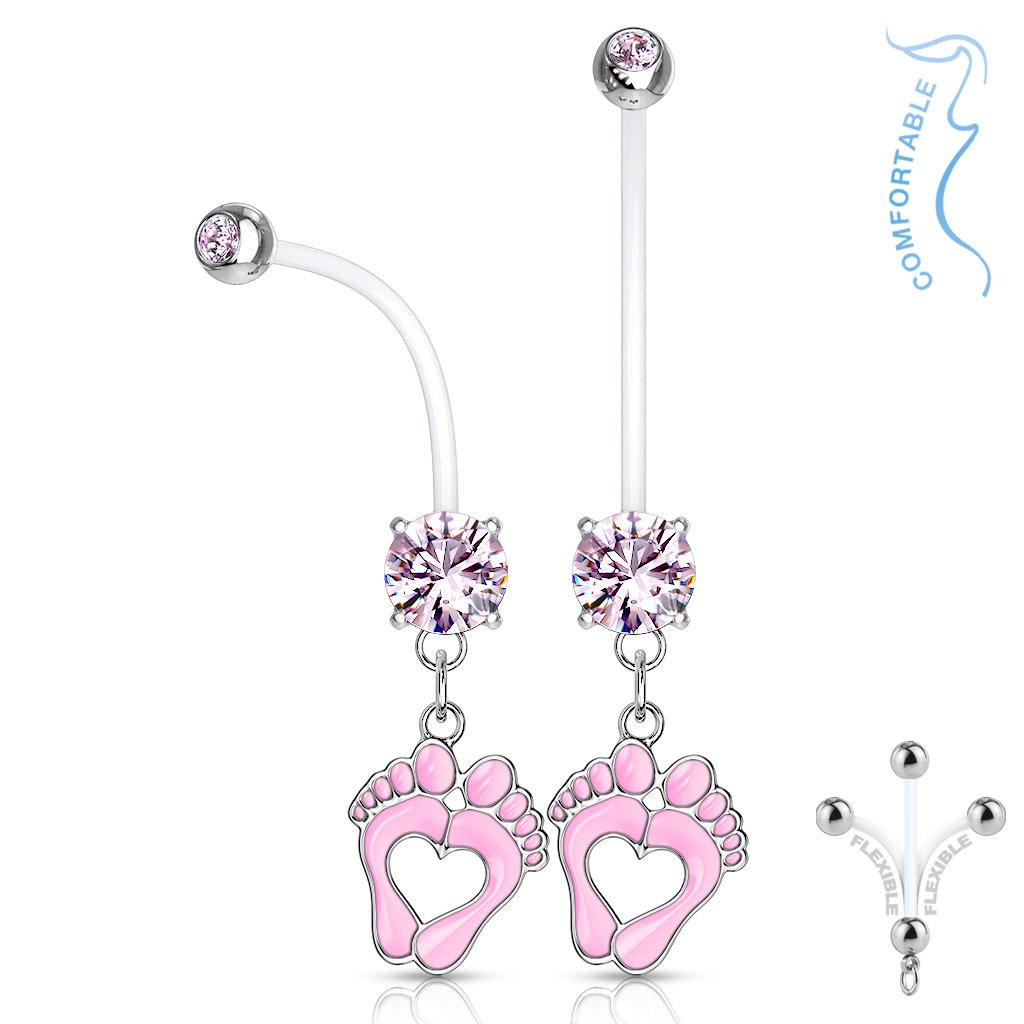 Cherry Diva belly bar PINK 14 Gauge Tiny Foot Prints - Maternity Pregnancy Belly Bar
