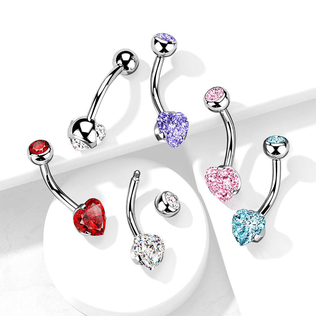 Cherry Diva belly bar 14 Gauge Prong Set Crystal Heart Belly Bar