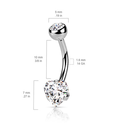 Cherry Diva belly bar 14 Gauge Prong Set Crystal Heart Belly Bar
