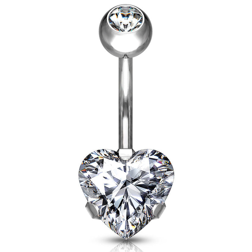 Cherry Diva belly bar Clear 14 Gauge Prong Set Crystal Heart Titanium Belly Bar