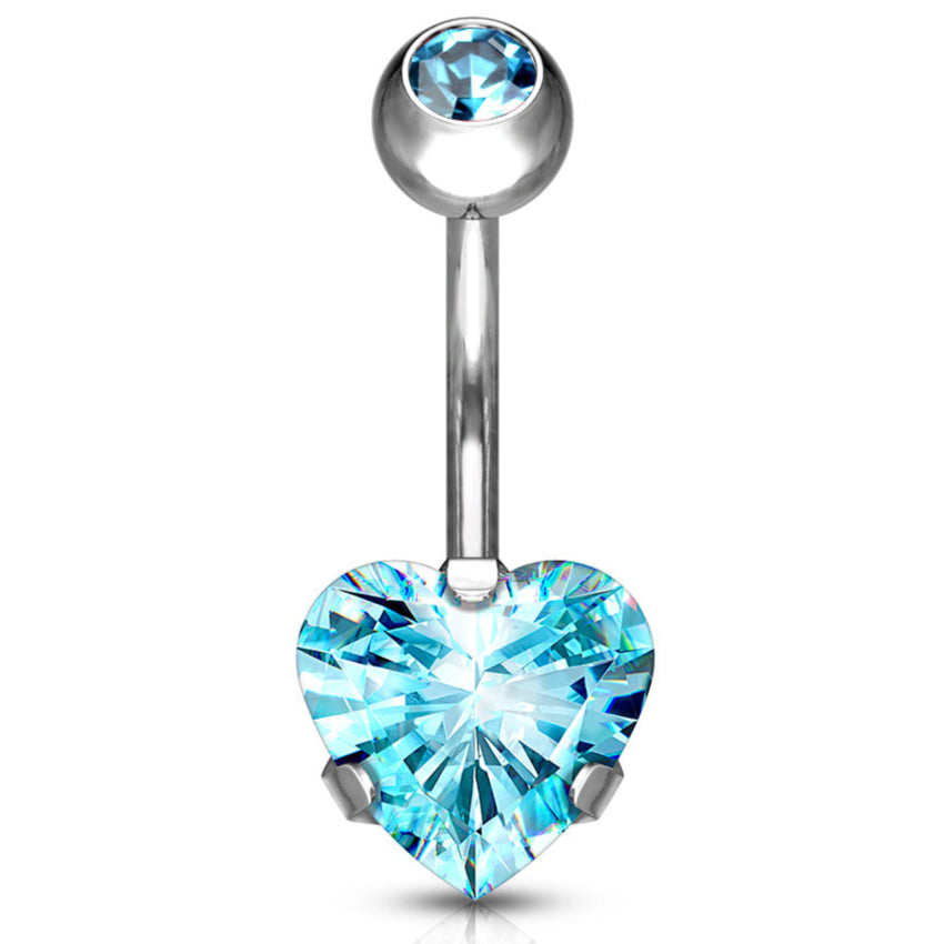 Cherry Diva belly bar Aqua 14 Gauge Prong Set Crystal Heart Titanium Belly Bar