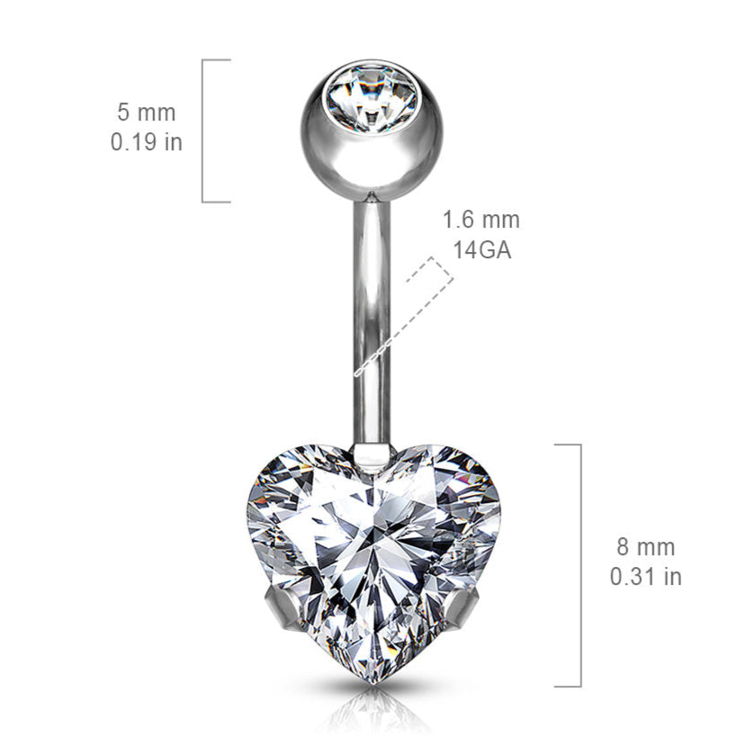 Cherry Diva belly bar 14 Gauge Prong Set Crystal Heart Titanium Belly Bar