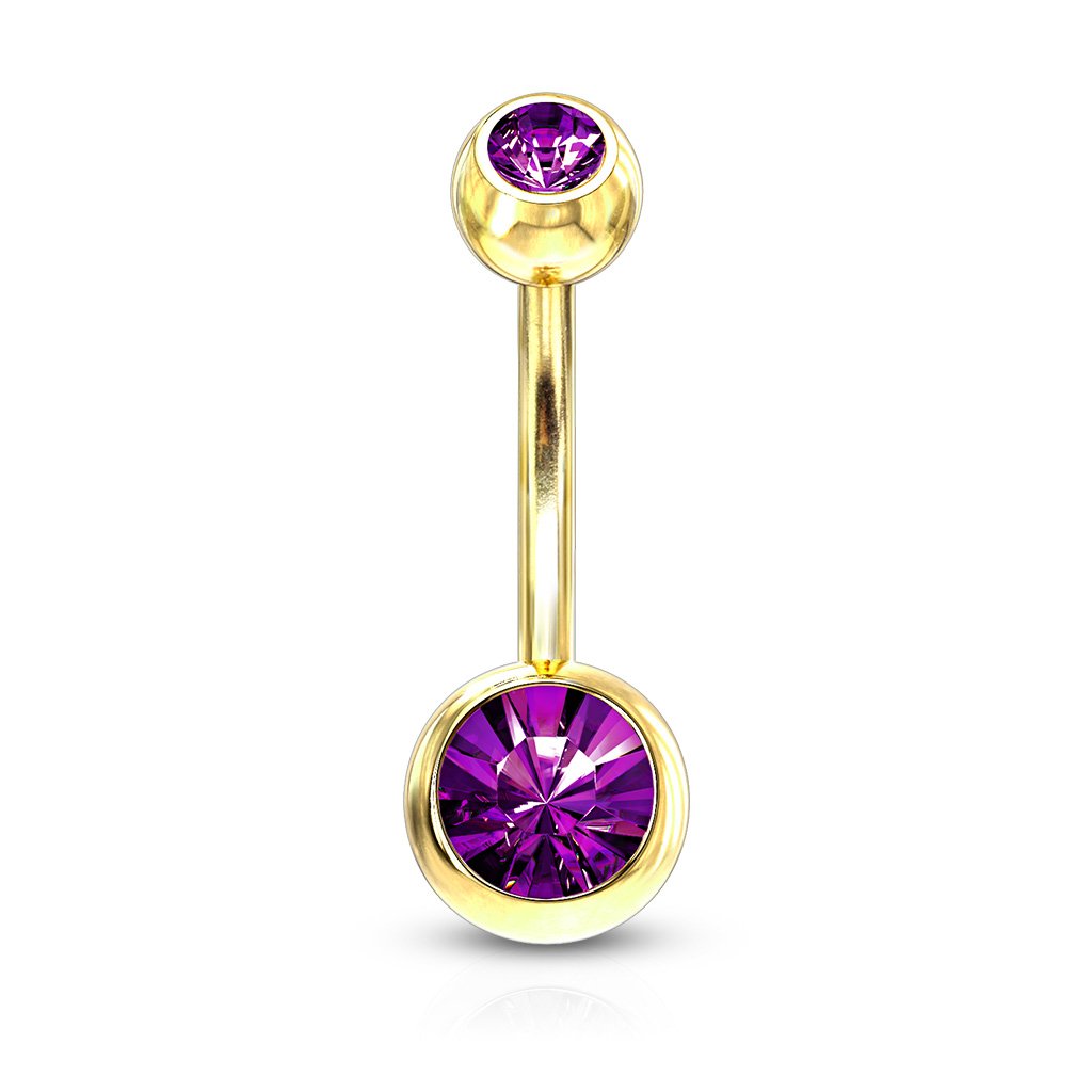14 Gauge Gold Double Crystal Belly Button Bar Purple