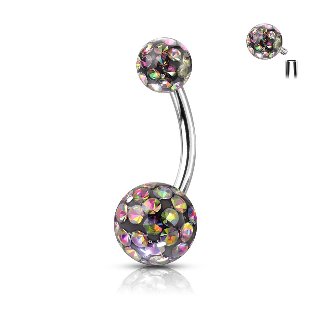 Cherry Diva belly bar RAINBOW 14 Gauge Internally Threaded Glitterball Belly Button Bar