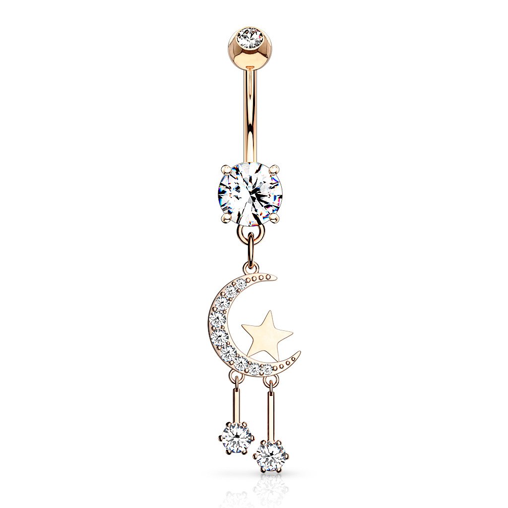 Cherry Diva Belly Button Ring Rose Gold 14 Gauge Dangling Moon & Stars Belly Bar