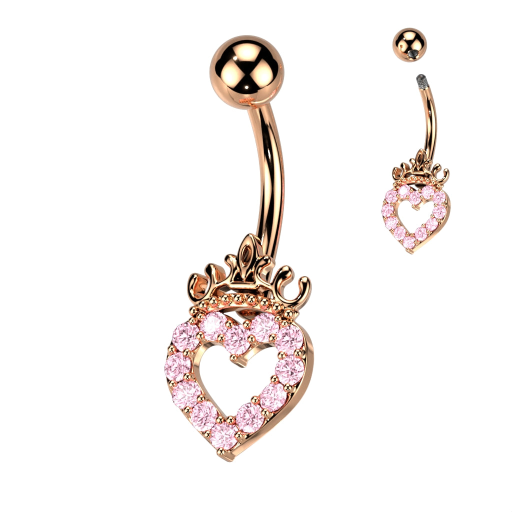 Cherry Diva belly bar Rose Gold / Pink Crystal 14 Gauge Hollow Crystal Heart Belly Button Bar
