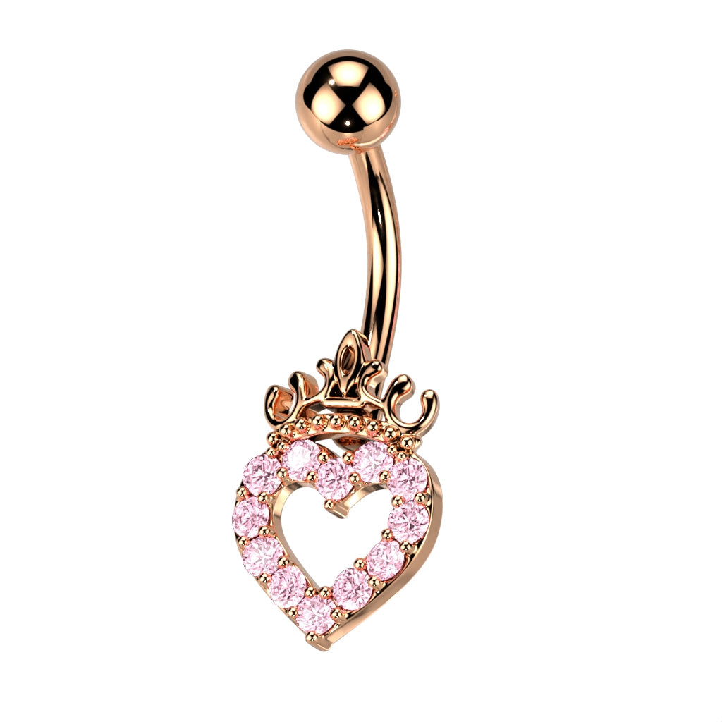 Cherry Diva belly bar Rose Gold / Pink Crystal 14 Gauge Hollow Crystal Heart Belly Button Bar
