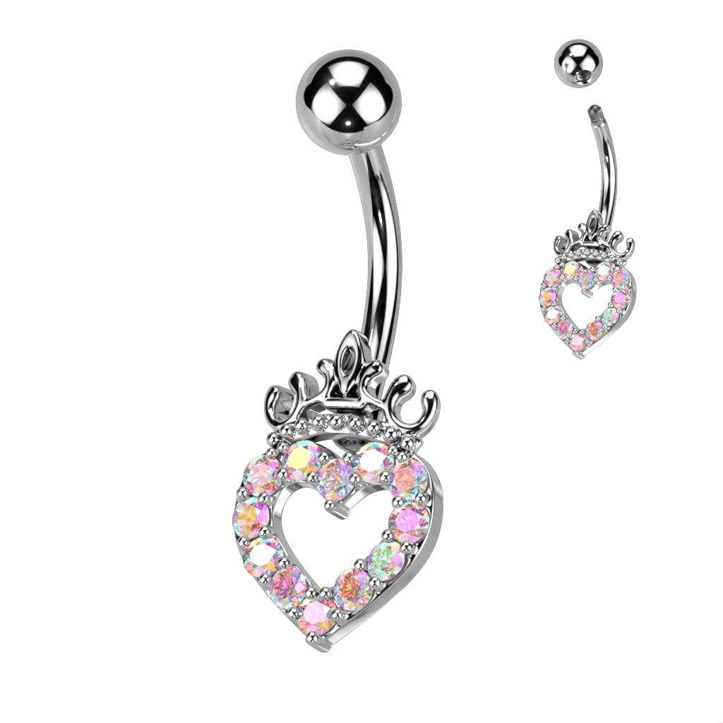 Cherry Diva belly bar Silver / Aurora Crystal 14 Gauge Hollow Crystal Heart Belly Button Bar