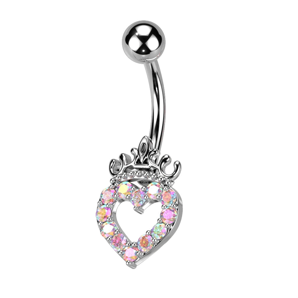 Cherry Diva belly bar Silver / Aurora Crystal 14 Gauge Hollow Crystal Heart Belly Button Bar