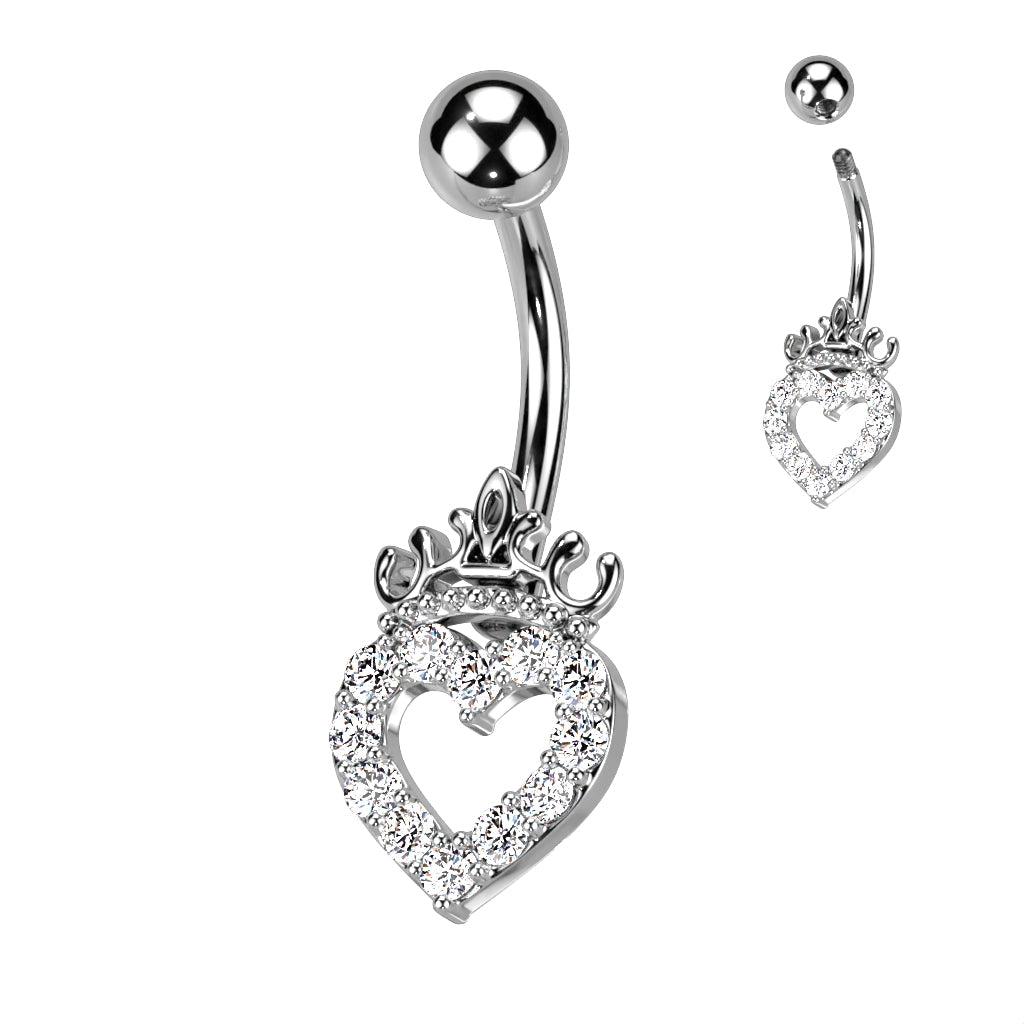 Cherry Diva belly bar Silver / Clear Crystal 14 Gauge Hollow Crystal Heart Belly Button Bar