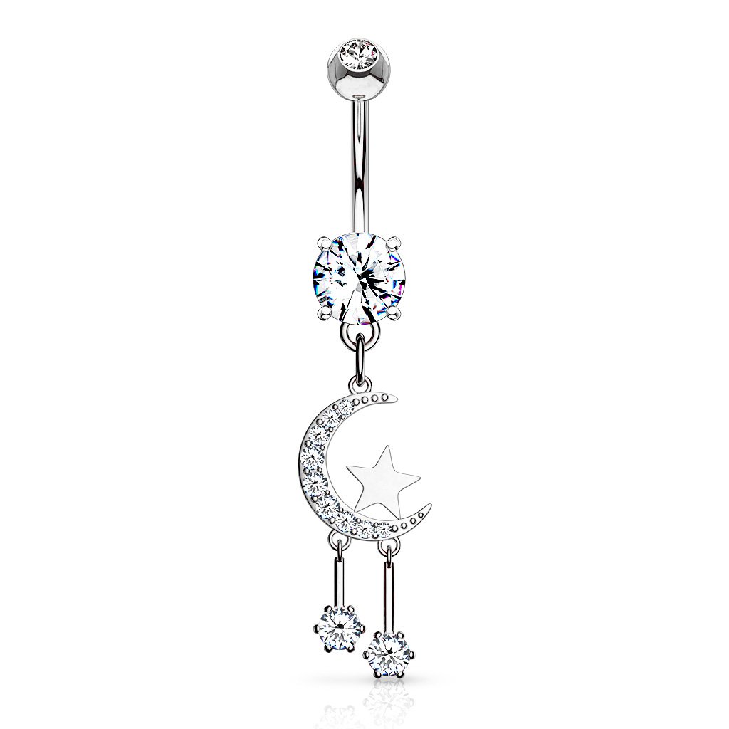Cherry Diva Belly Button Ring Silver 14 Gauge Dangling Moon & Stars Belly Bar