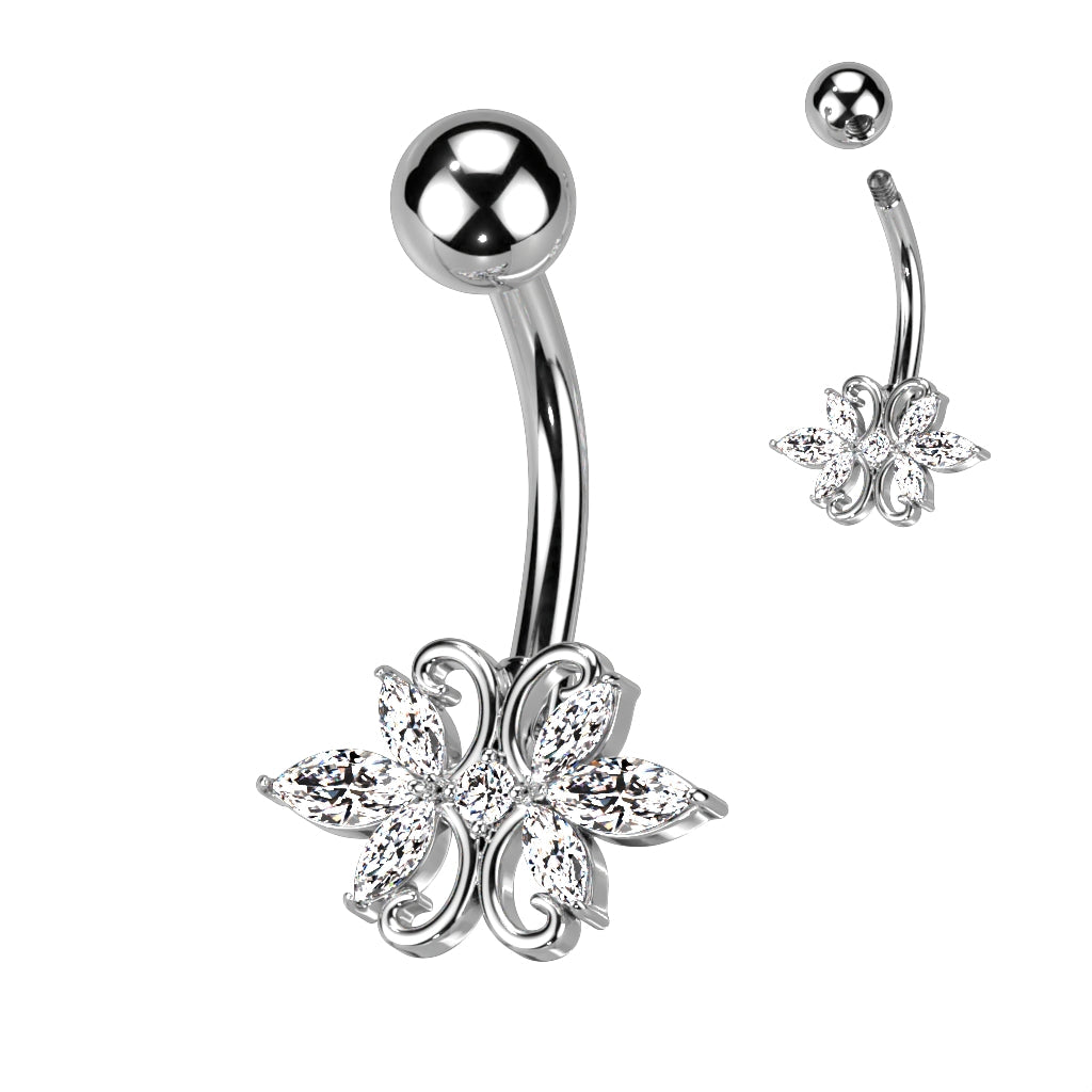 Cherry Diva belly bar 14 Gauge Silver Ornate Marquise Flower Crystal Belly Button Ring