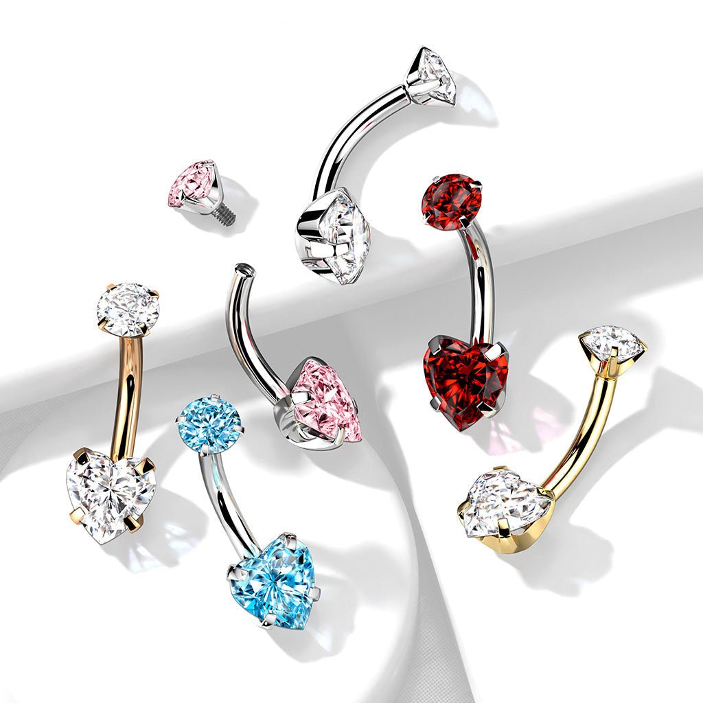 Cherry Diva belly bar 14 Gauge Titanium Double Crystal Heart Belly Button Bar