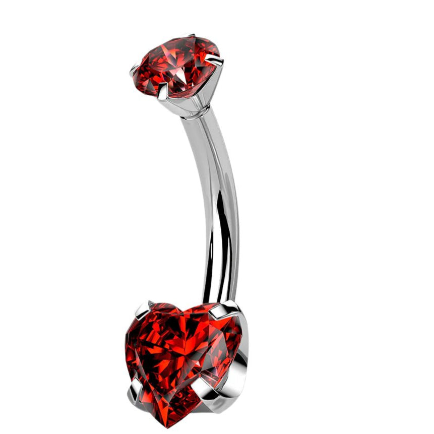 Cherry Diva belly bar Red 14 Gauge Titanium Double Crystal Heart Belly Button Bar