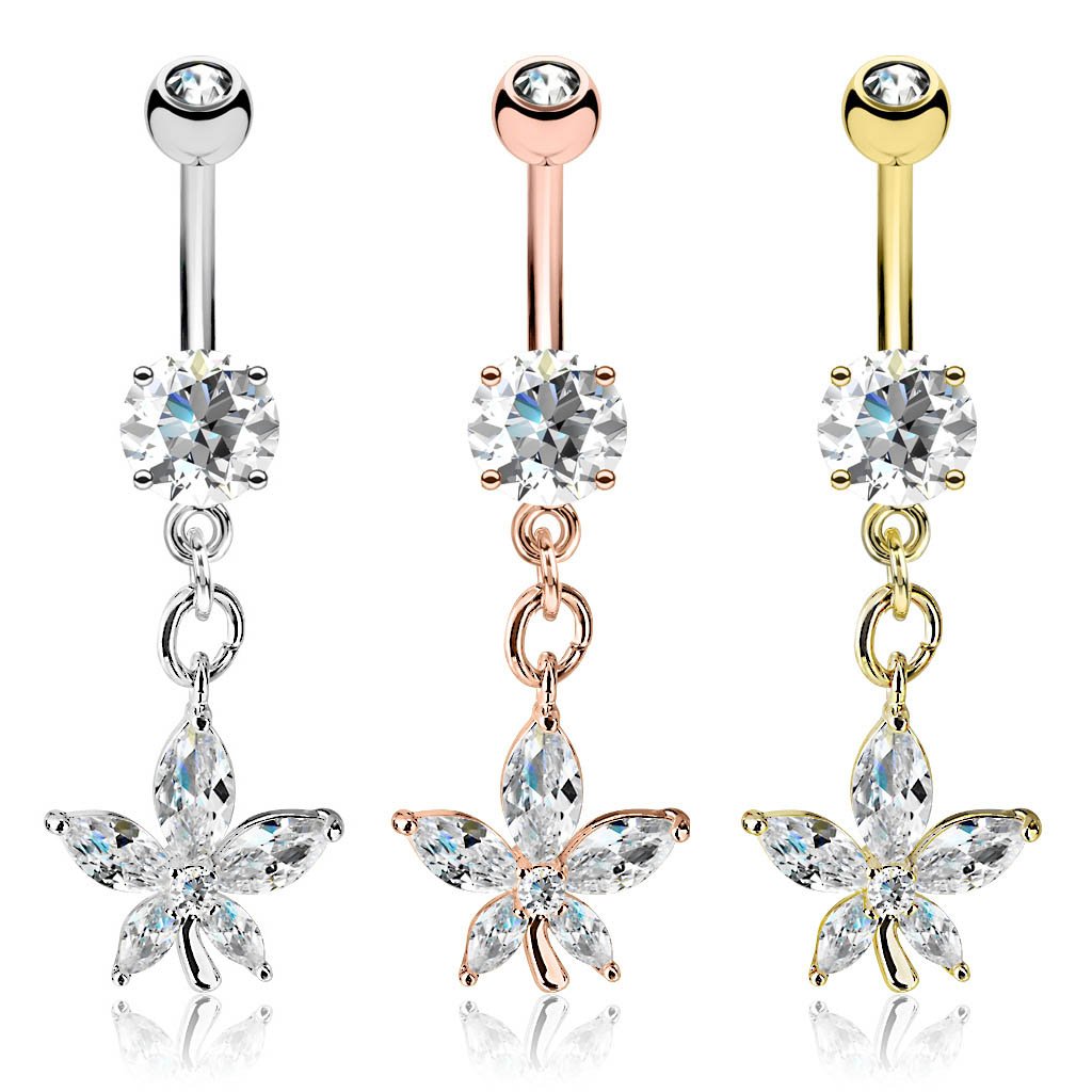 Cherry Diva belly bar 14 Gauge Dangling Five Petal Flower Belly Button Bar