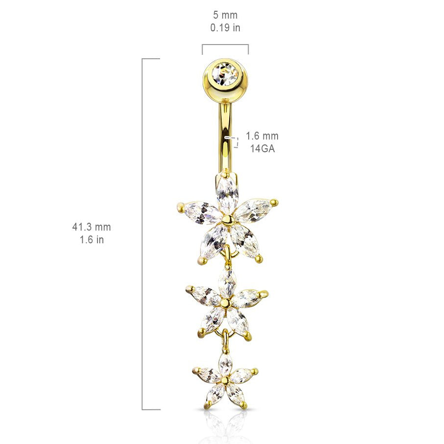 Cherry Diva belly bar 14 Gauge Triple Dangling Flower Belly Button Ring